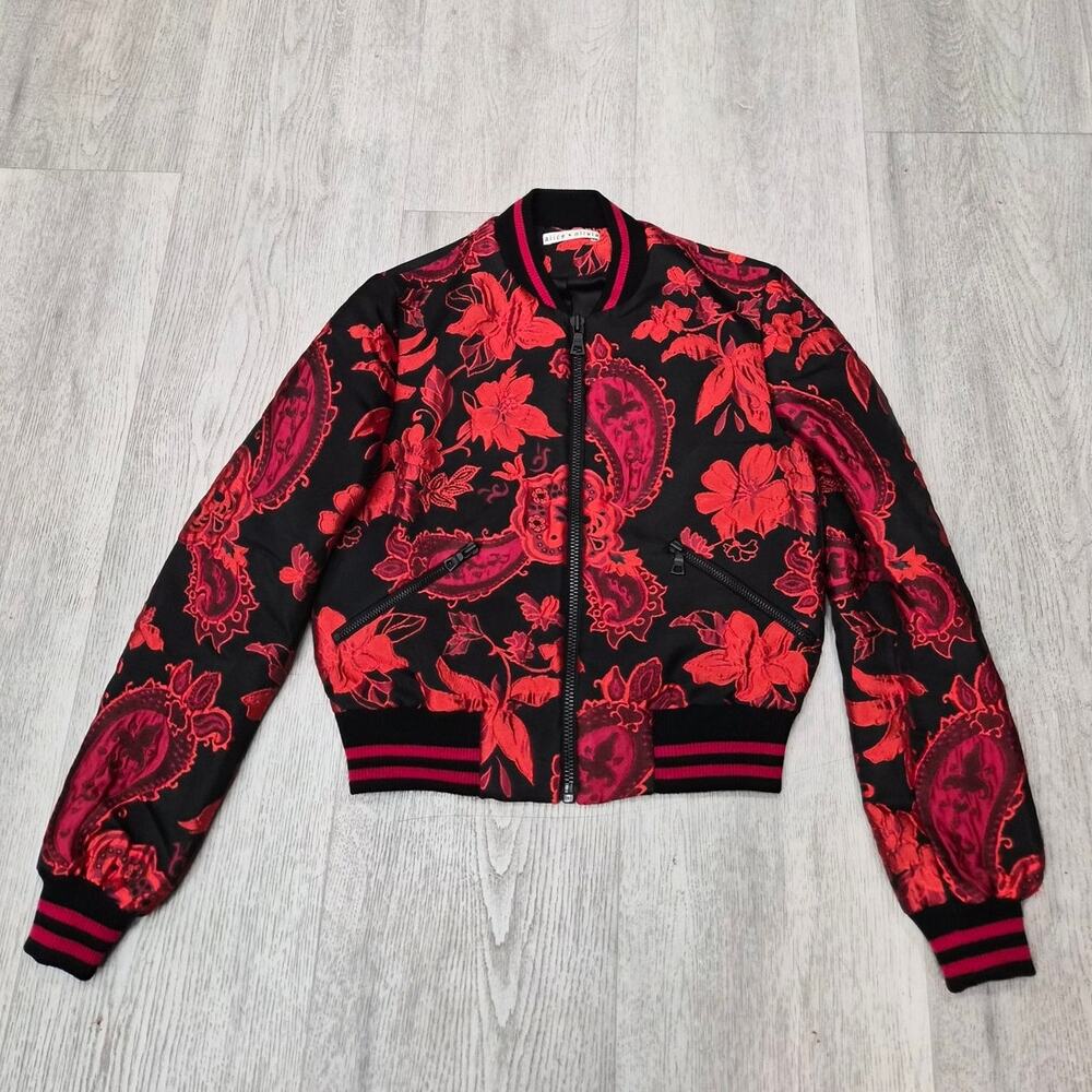 Alice + Olivia Lonnie Cropped Bomber Jacket in Black & Ruby